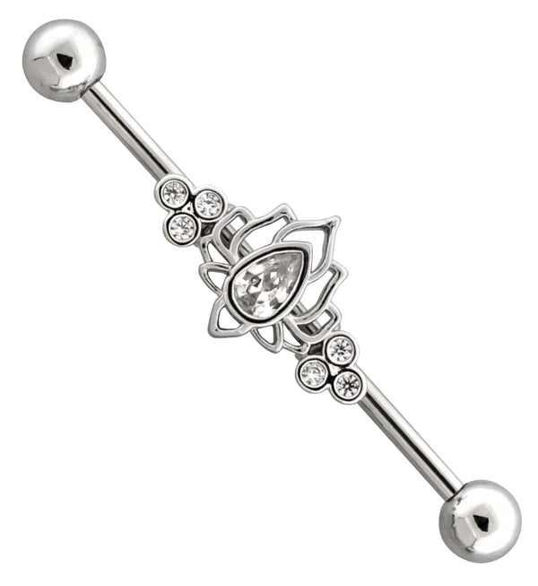 Lotus Clear CZ Stainless Steel Industrial Barbell