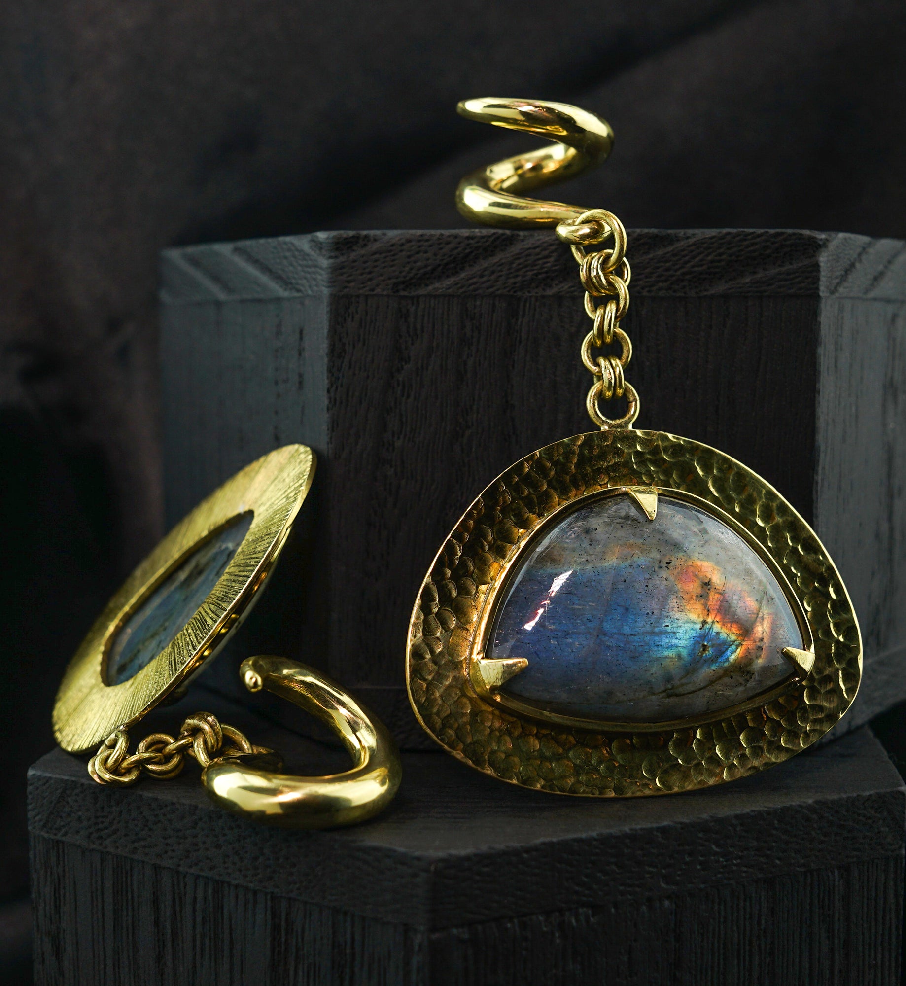 Abstract Labradorite Stone Hanging Brass Ear Weights