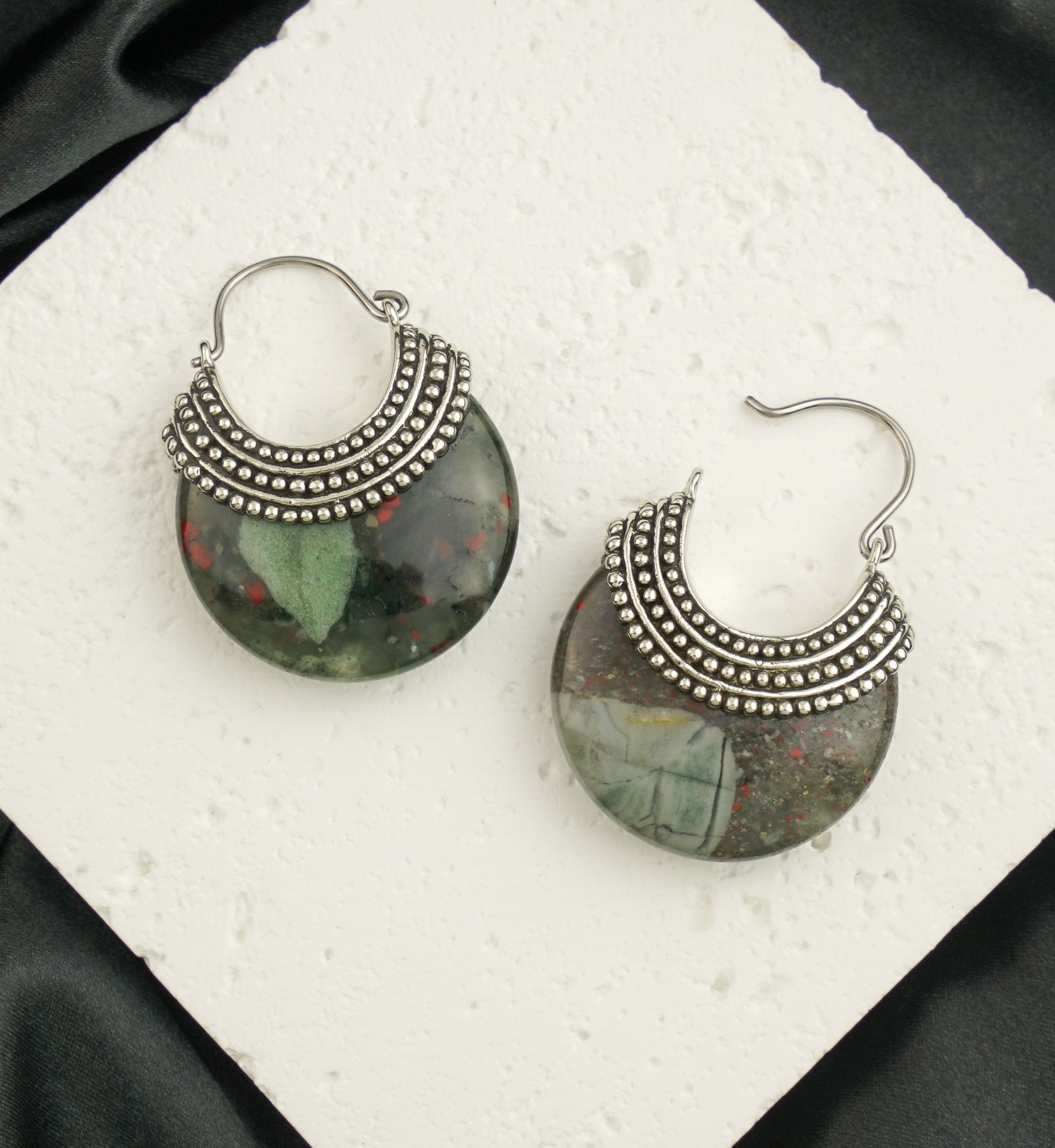 African Bloodstone Beaded White Brass Stone Earrings
