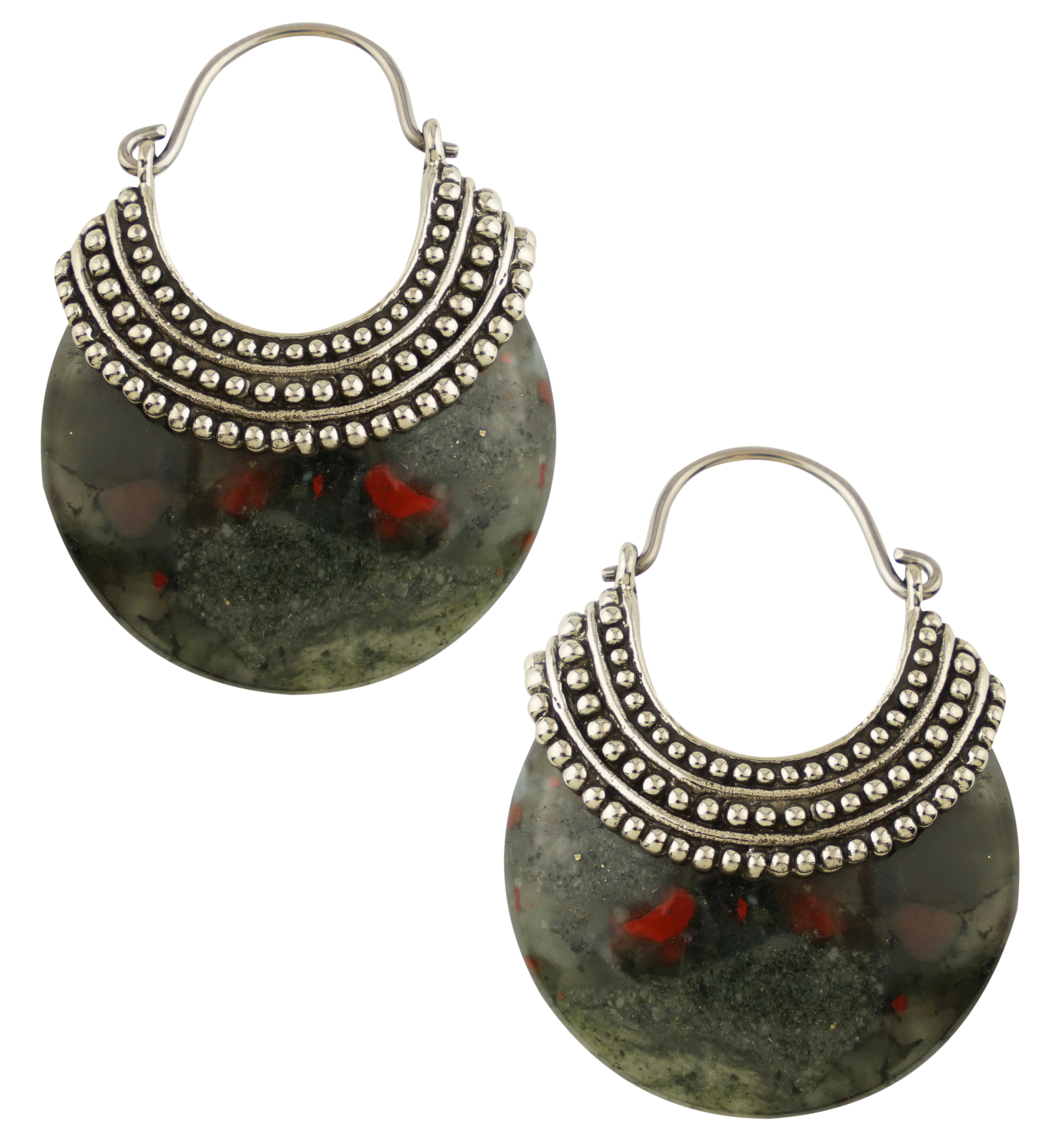 African Bloodstone Beaded White Brass Stone Earrings