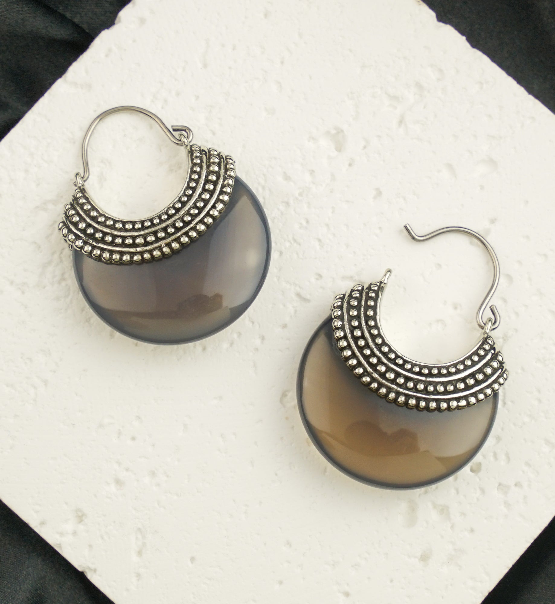 Agate Beaded White Brass Stone Earrings