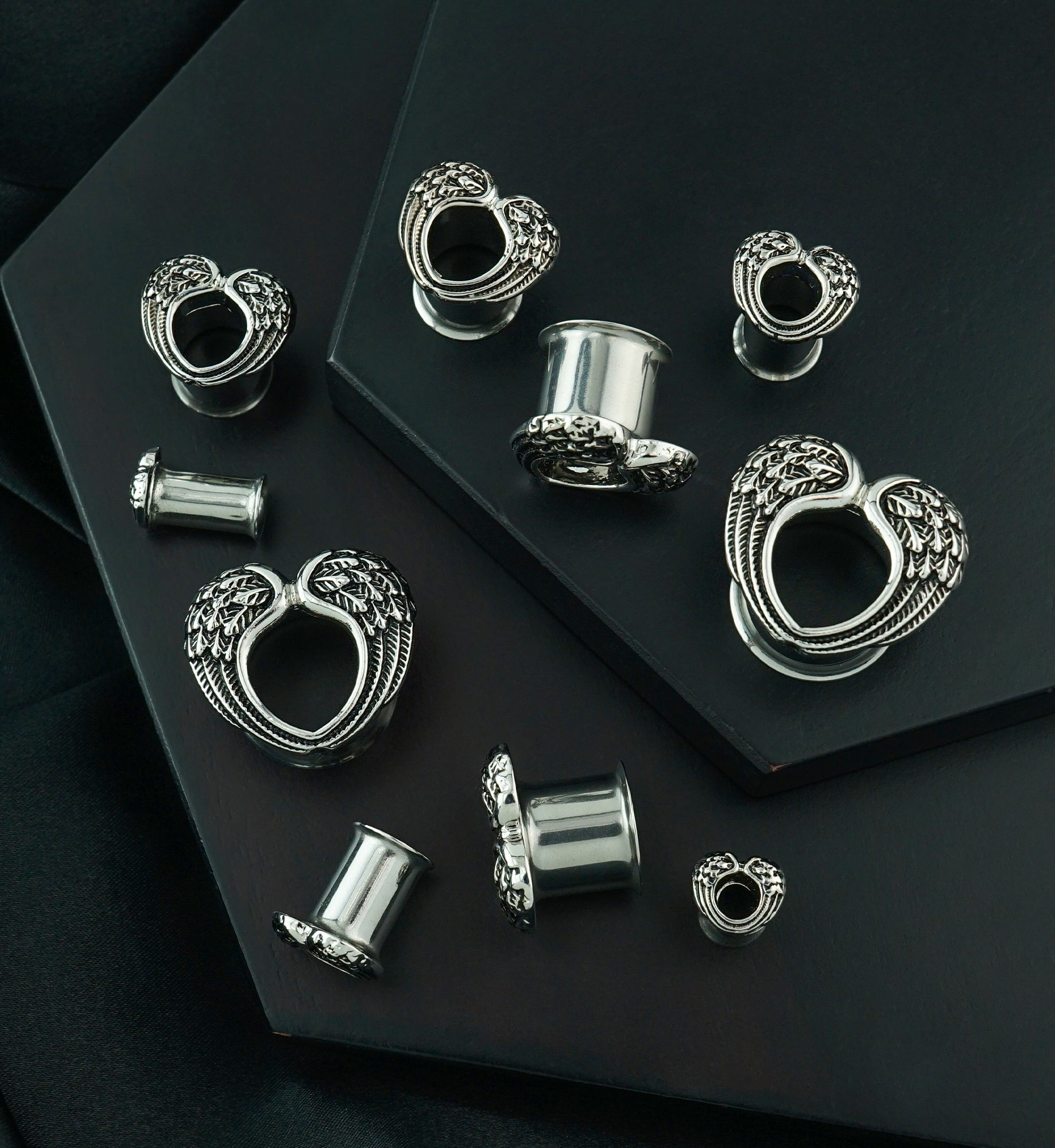 Angel Wing Heart Stainless Steel Double Flare Tunnels