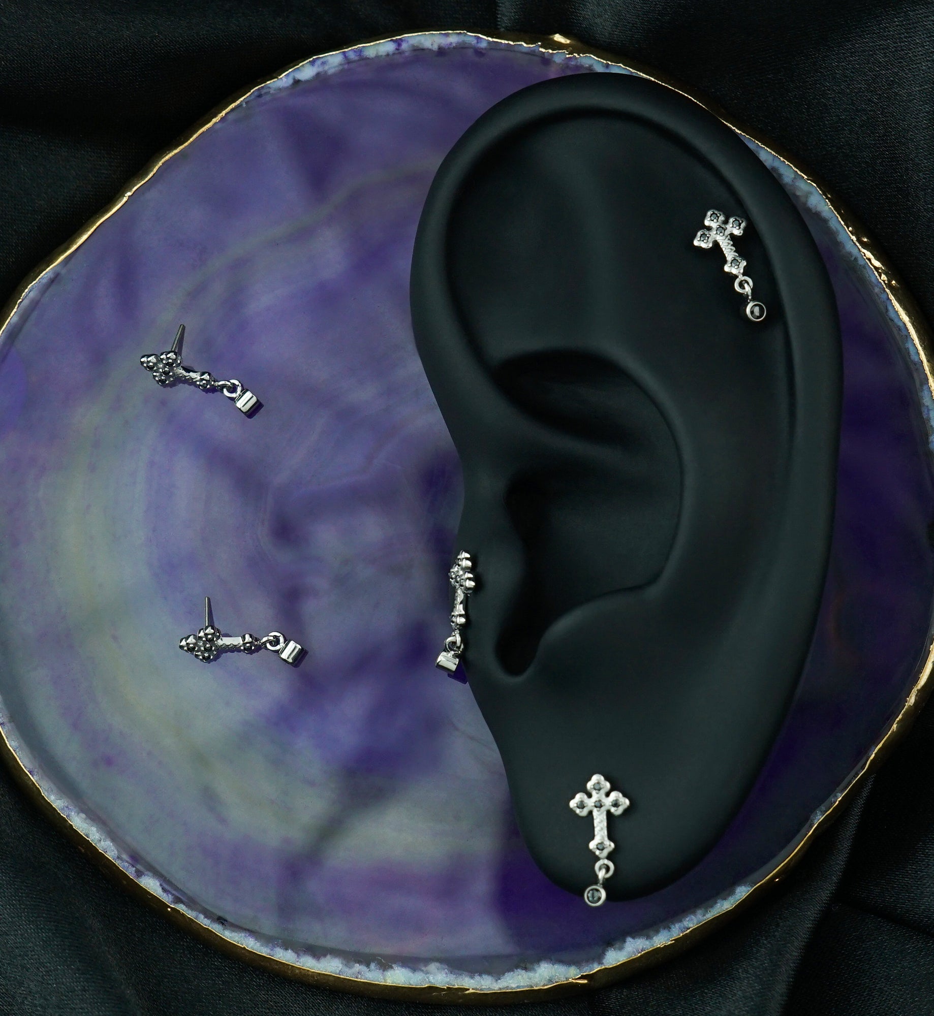 Antique Cross Dangle Black CZ Titanium Threadless Top