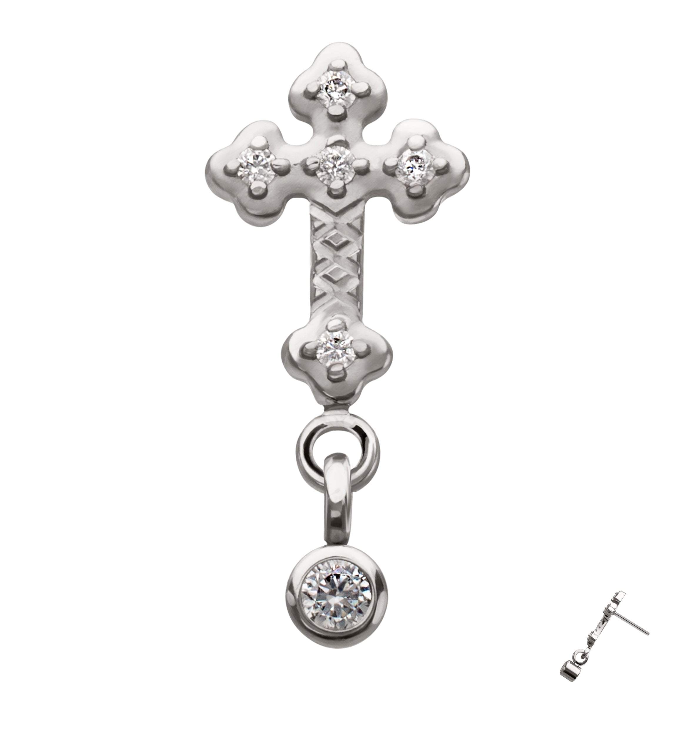 Antique Cross Dangle Clear CZ Titanium Threadless Top