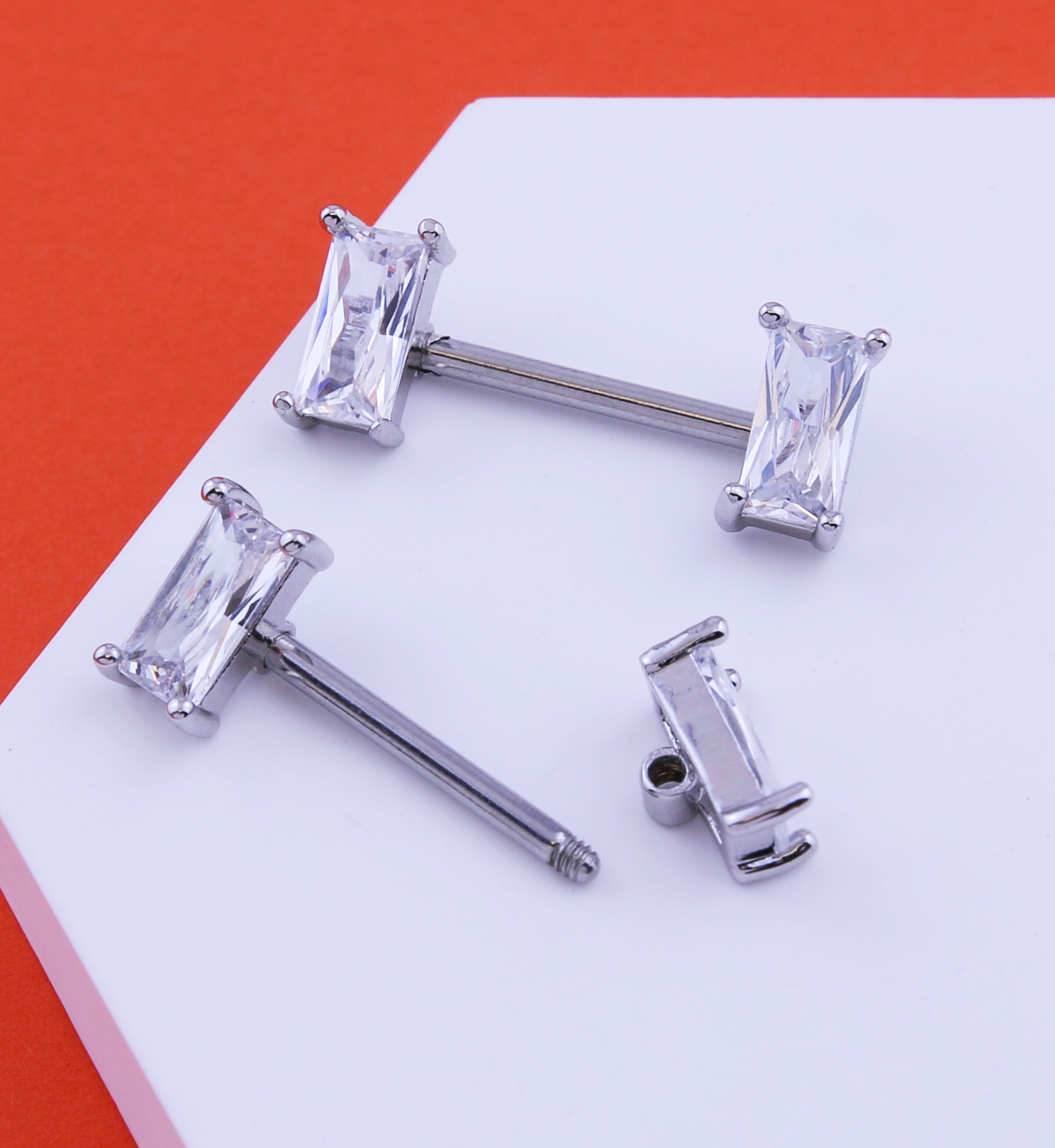 Baguette Clear CZ Stainless Steel Nipple Barbell