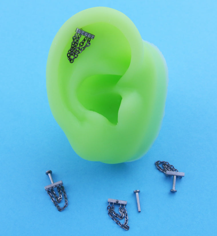 Bar Clear CZ Double Dangle Chain Titanium Internally Threaded Labret