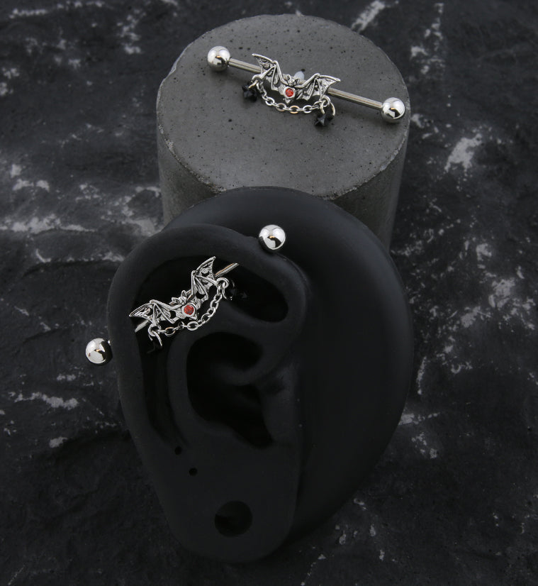 Bat Chain Dangle Black Opalite Star Stainless Steel Industrial Barbell