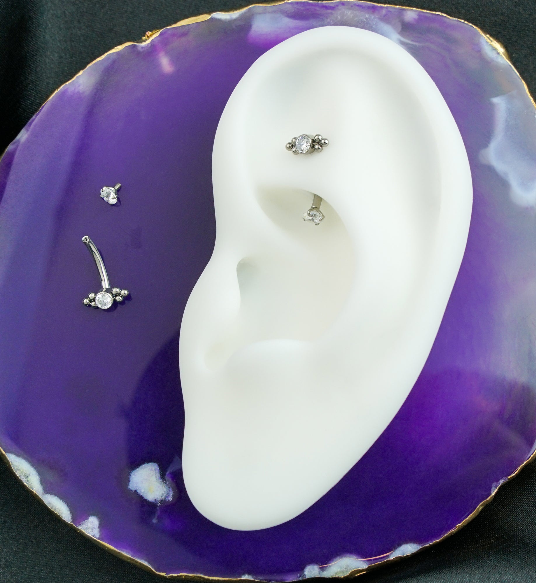 Beaded Bezel CZ Top With Prong CZ Bottom Internally Threaded Titanium Curved Barbell