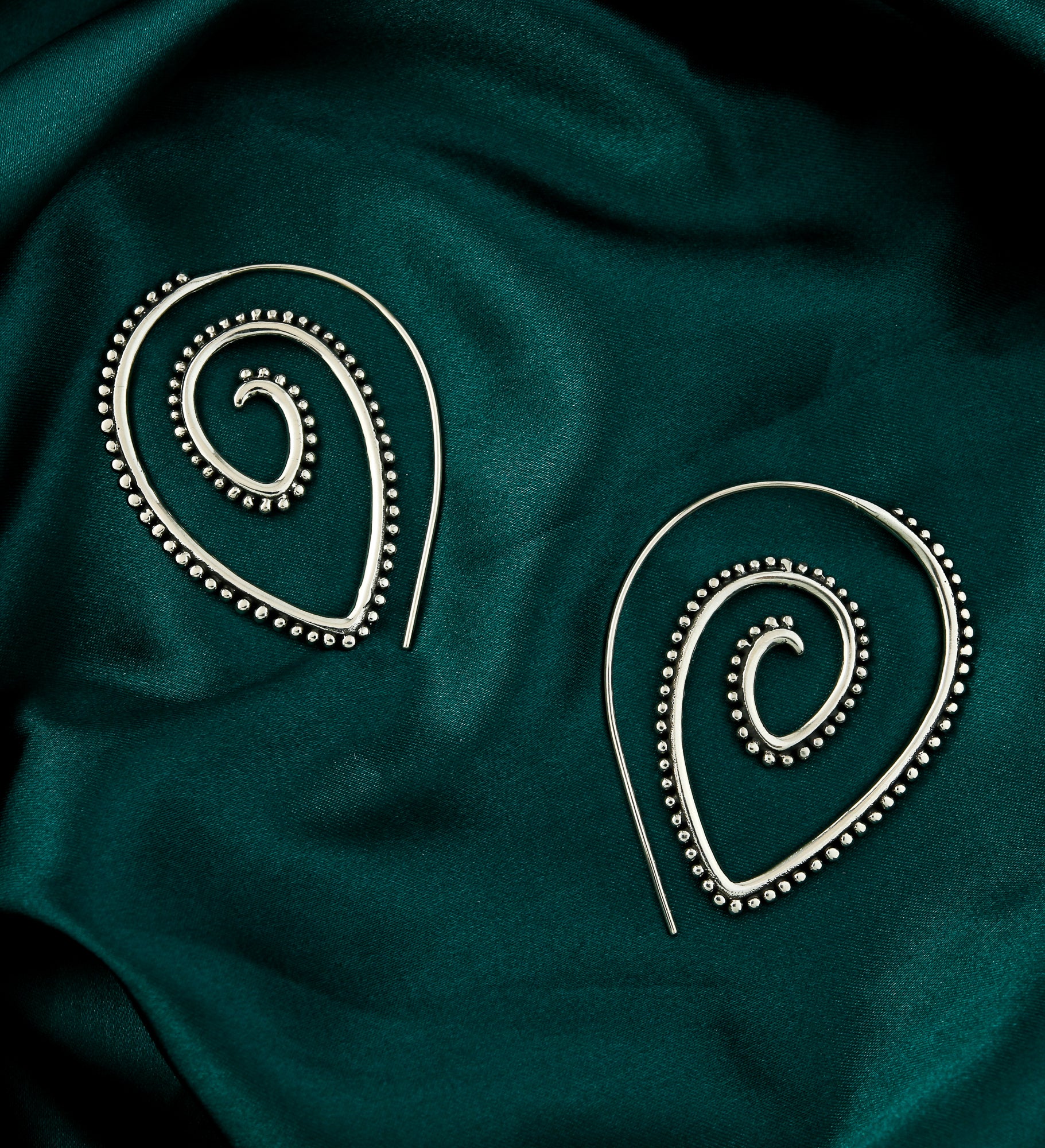 Beaded White Brass Teardrop Spiral Hoop Earrings