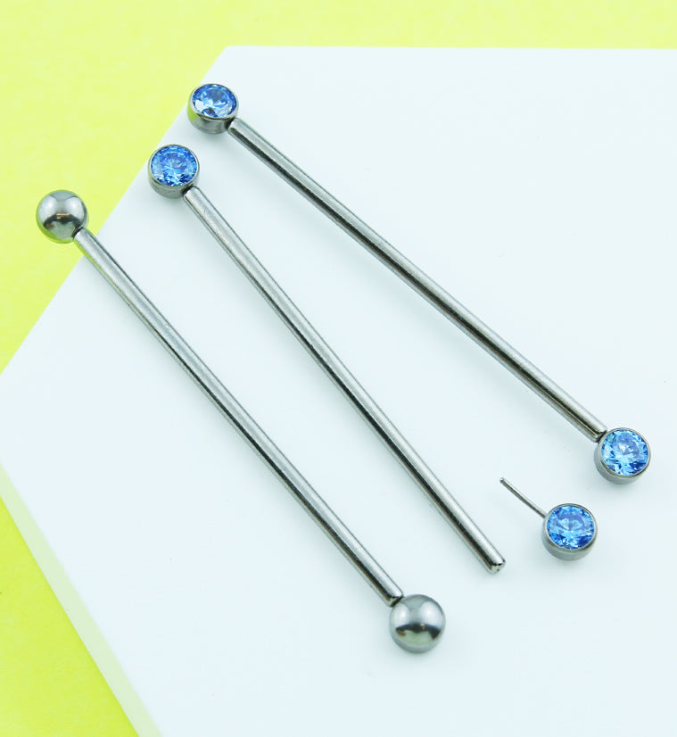 Bezel Aqua CZ Threadless Titanium Industrial Barbell