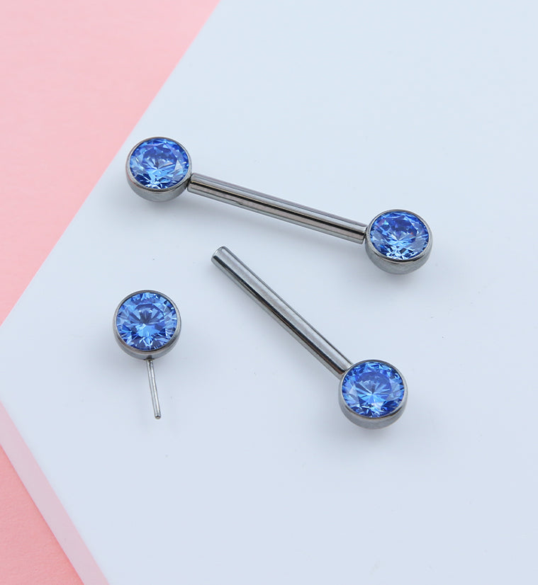 Bezel Aqua CZ Threadless Titanium Nipple Barbells