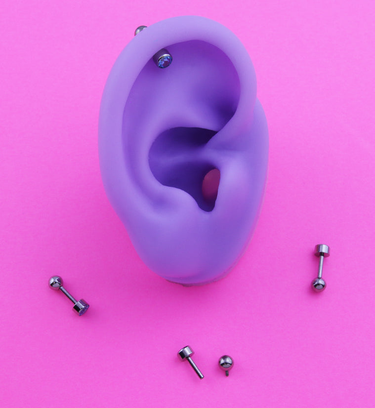 Bezel Aqua CZ Titanium Internally Threaded Barbell