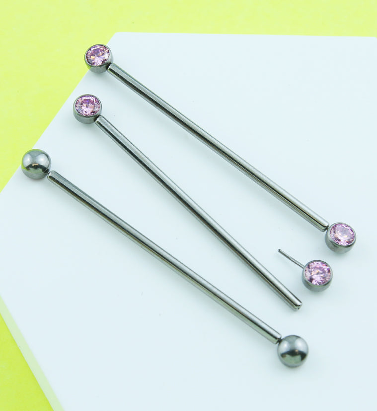 Bezel Pink CZ Threadless Titanium Industrial Barbell