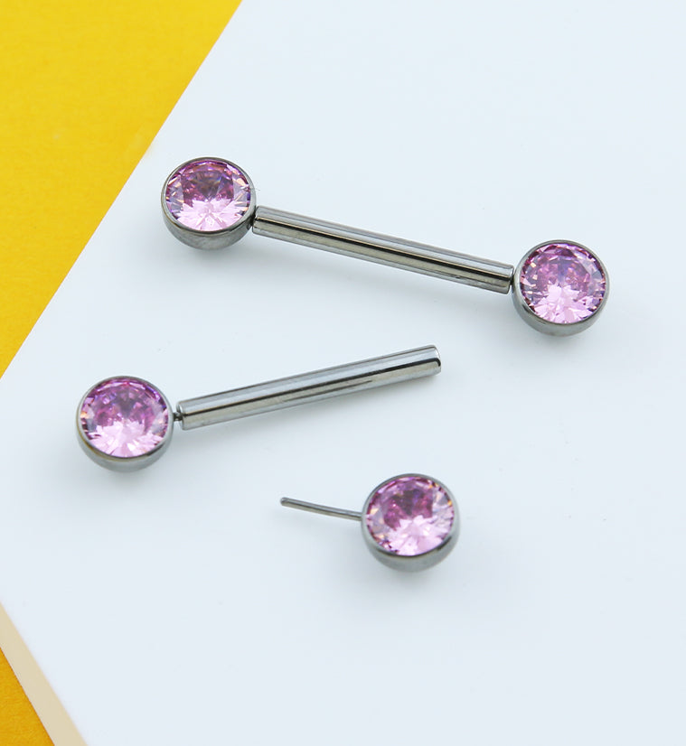 Bezel Pink CZ Threadless Titanium Nipple Barbells