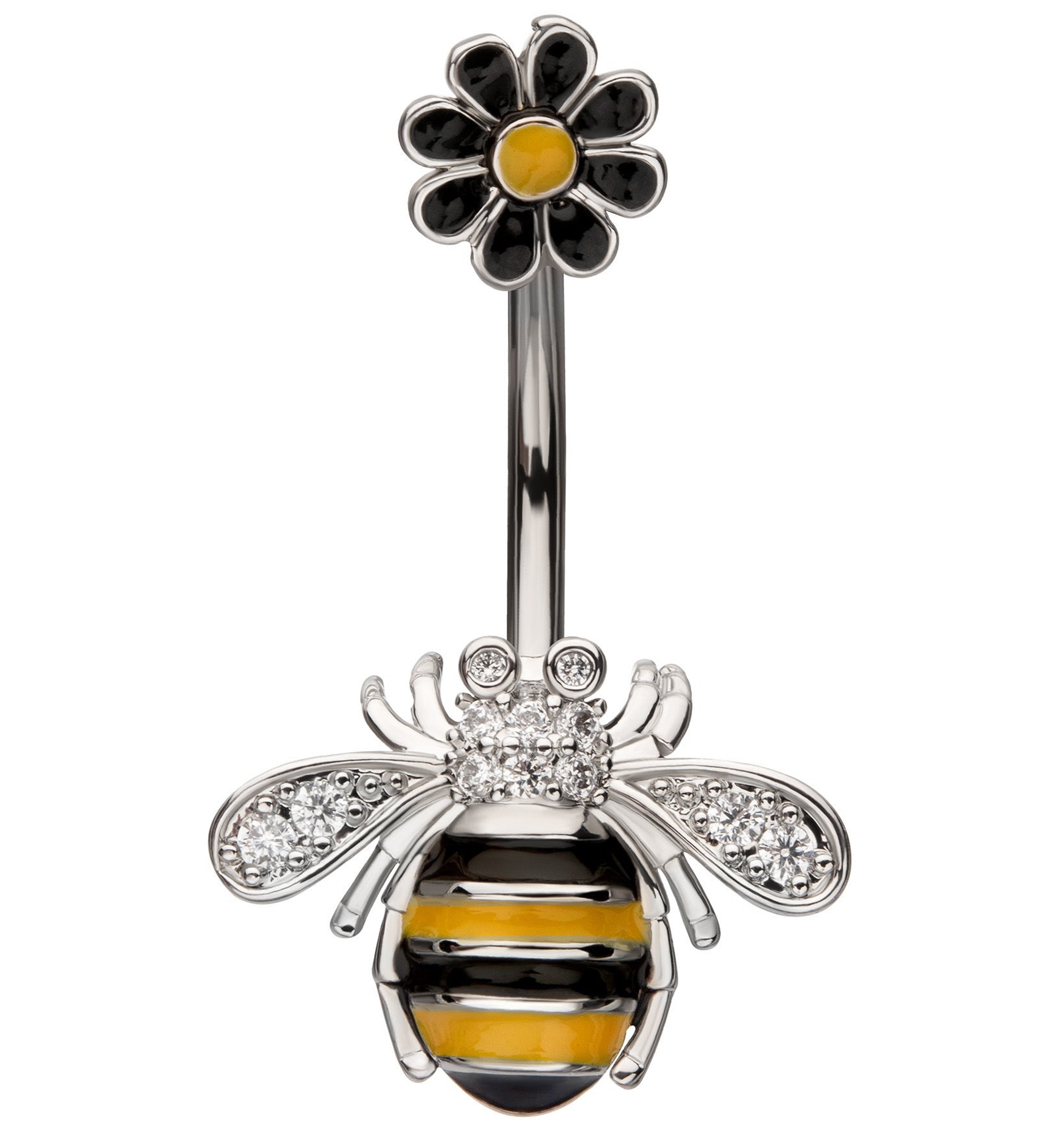 Black And Yellow Bee Flower Clear CZ Stainless Steel Belly Button Ring