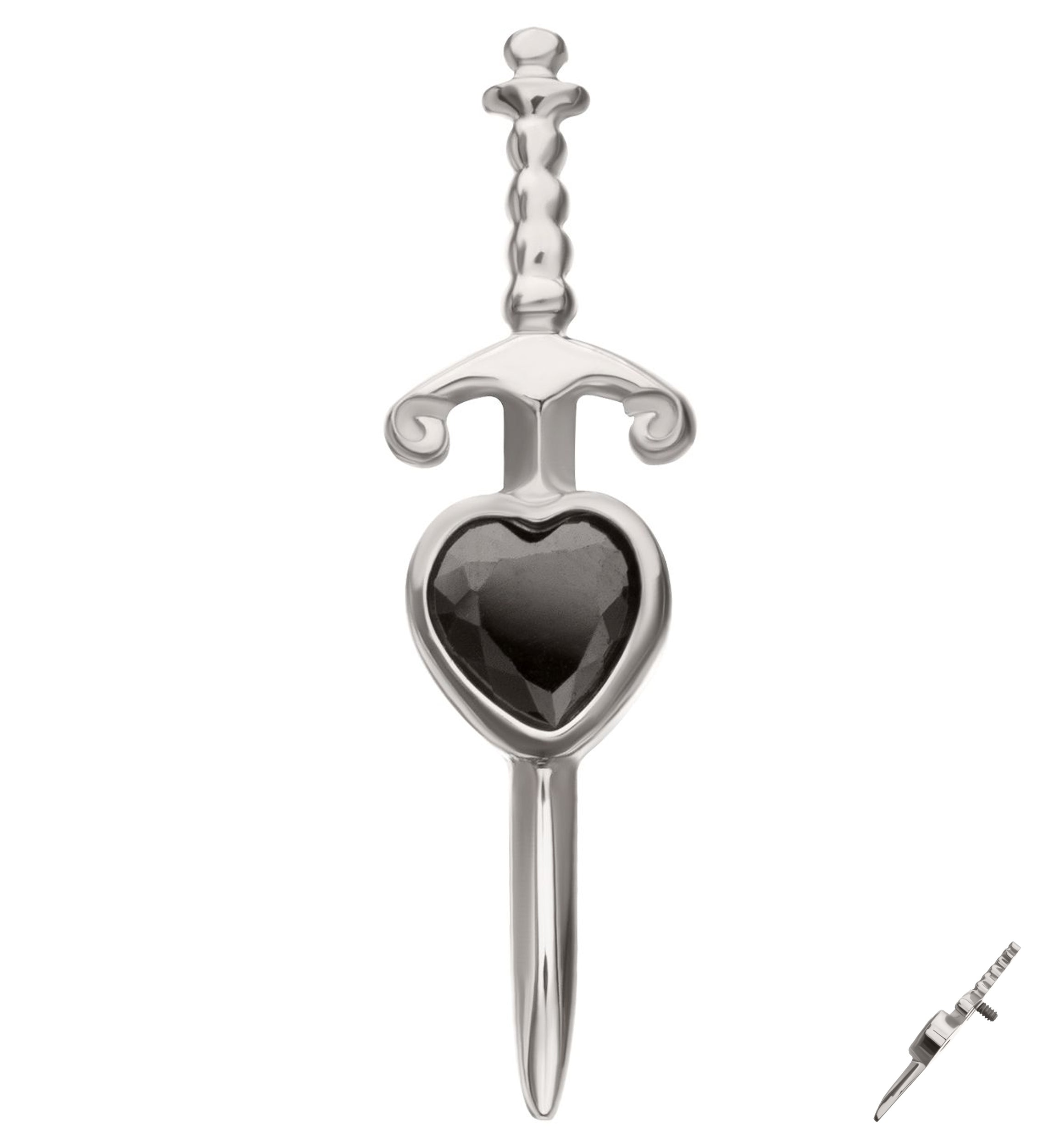 Black CZ Heart Dagger Titanium Internally Threaded Top