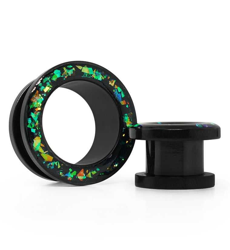 Black PVD Glitter Green Opalite Stainless Steel Screw Back Tunnels