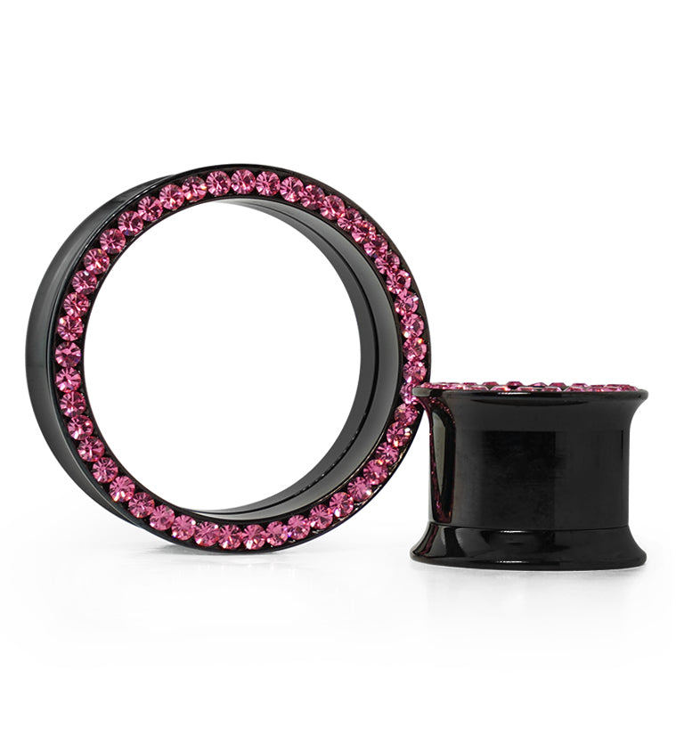 Black PVD Stainless Steel Plugs with Pink CZ Rim