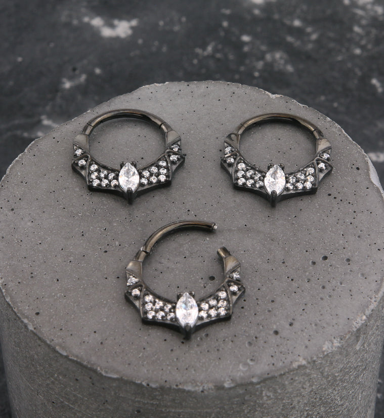 Black PVD Bat Rim Clear CZ Stainless Steel Hinged Segment Ring