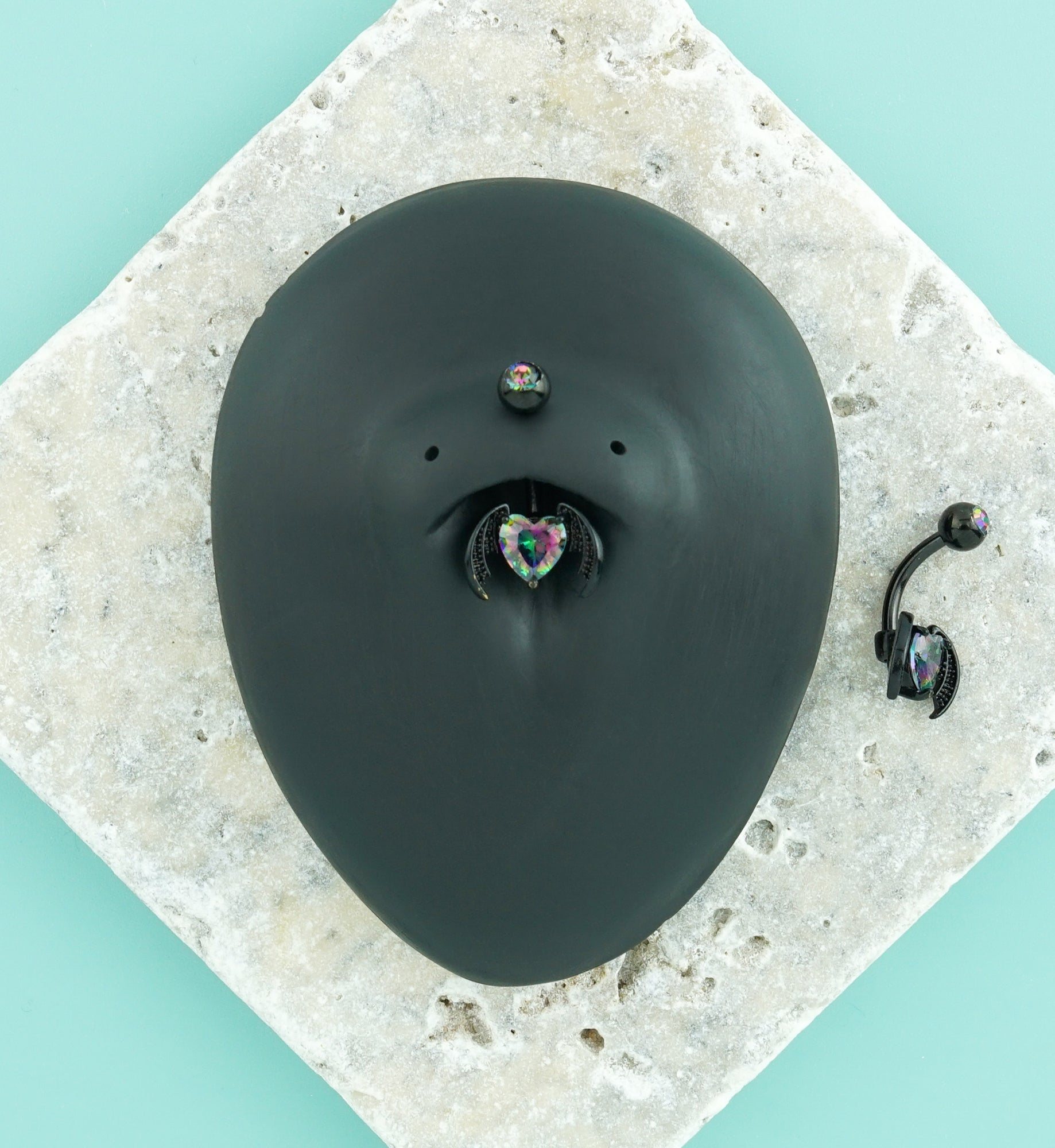 Black PVD Bat Wing Heart Black Aurora CZ Stainless Steel Externally Threaded Belly Button Ring