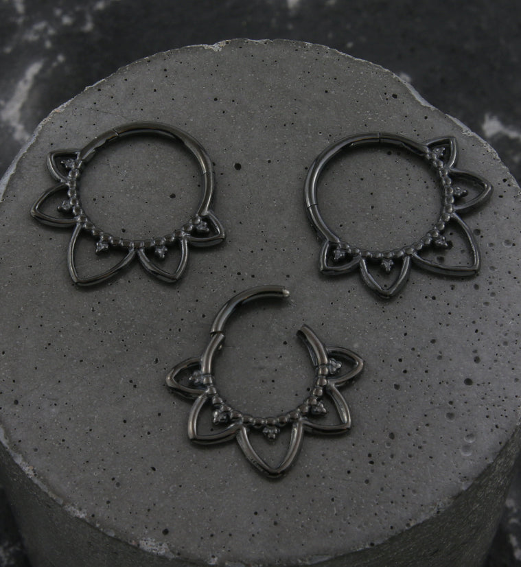 Black PVD Beaded Flower Trace Hinged Segment Ring