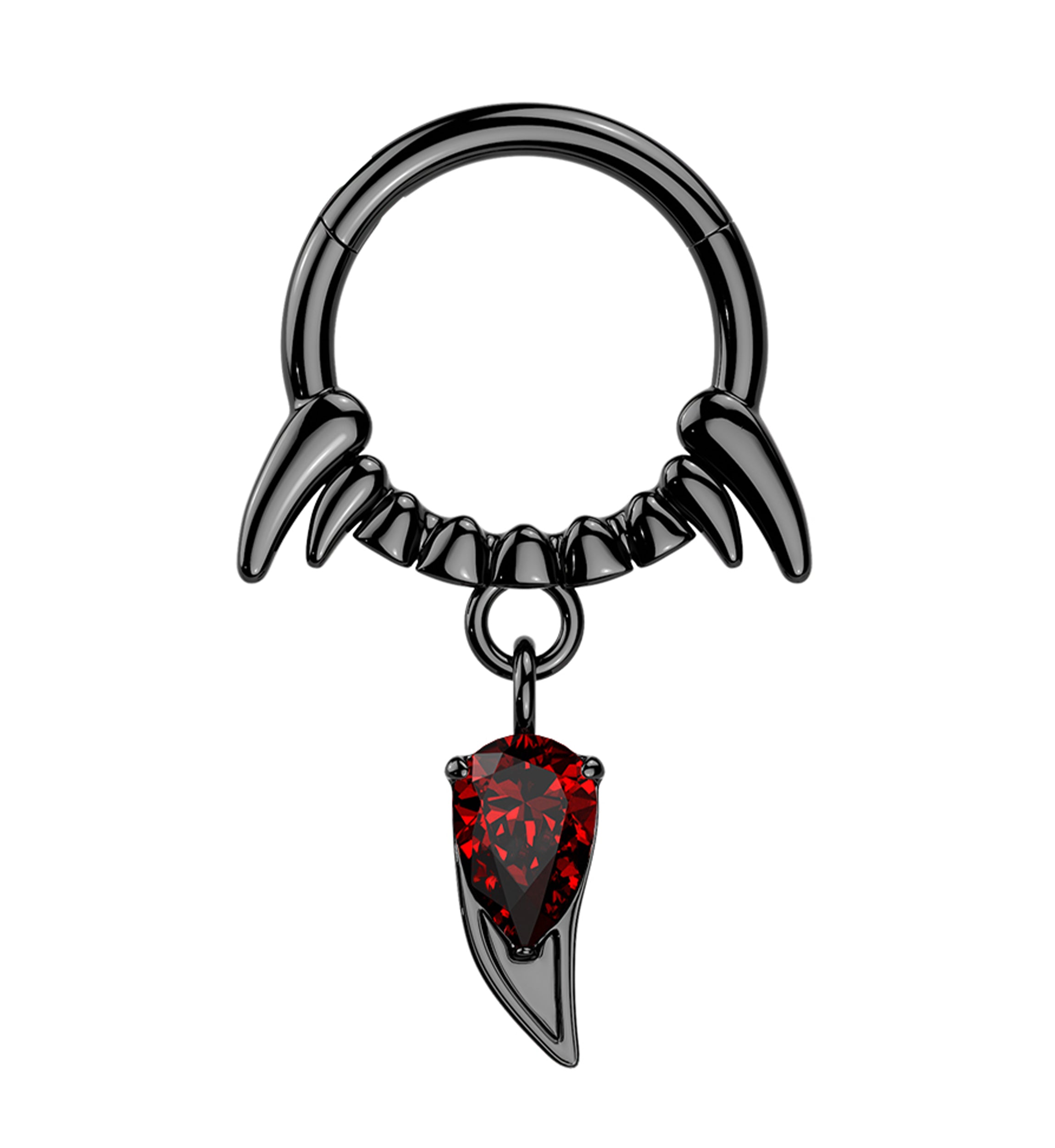 Black PVD Fangs Red CZ Dangle Stainless Steel Hinged Segment Ring