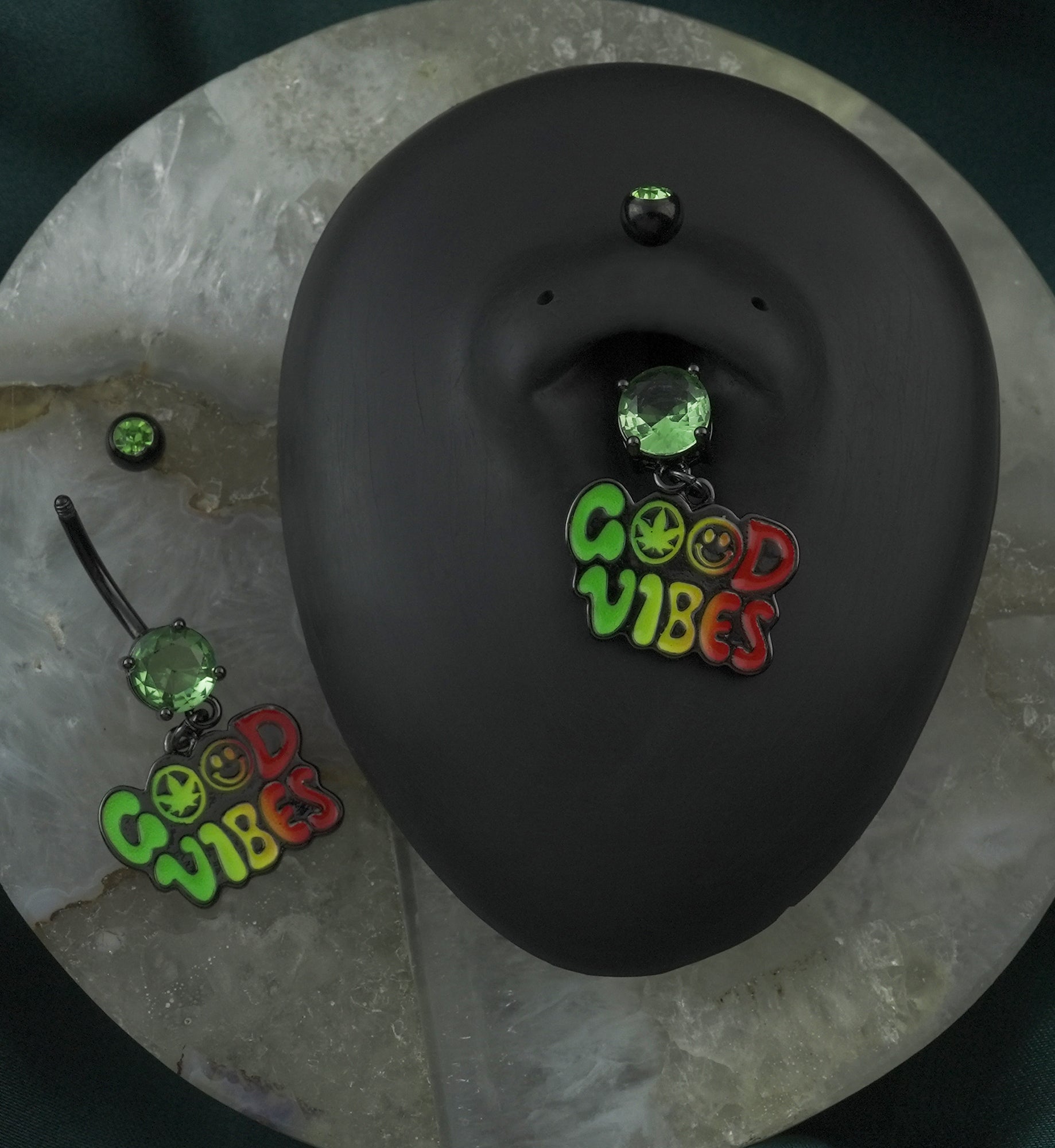 Black PVD Good Vibes Green CZ Stainless Steel Belly Button Ring