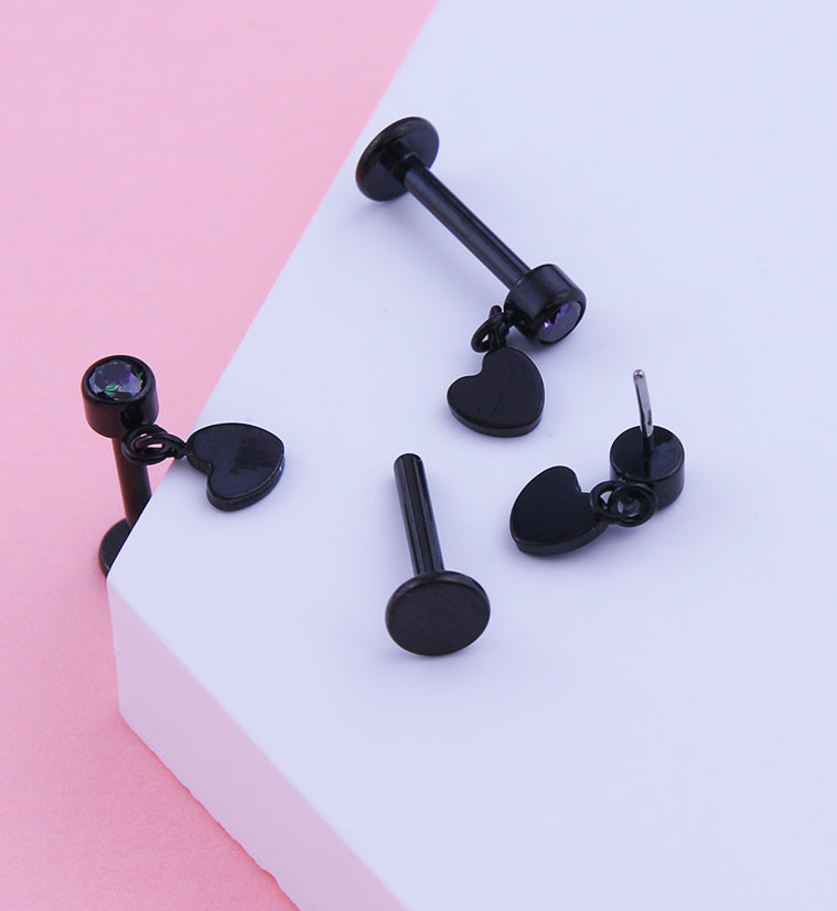 Black PVD Heart Dangle Black Aurora CZ Titanium Threadless Labret
