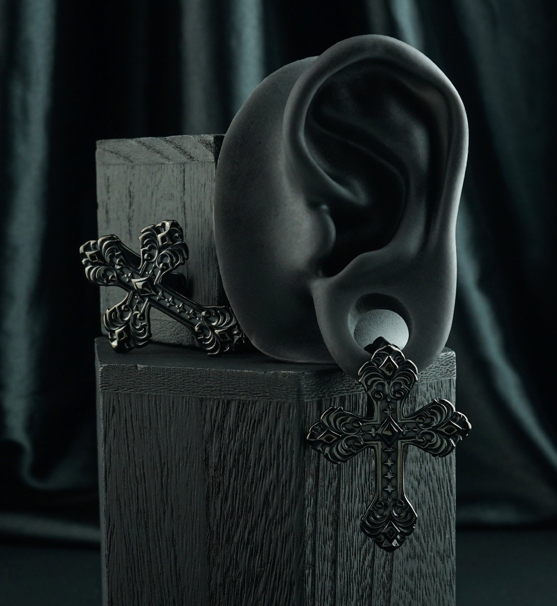 Black PVD Ornate Cross Stainless Steel Ear Weights