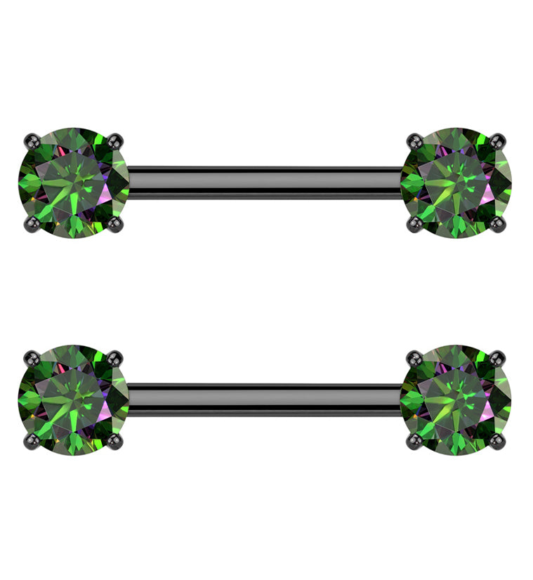Black PVD Prong Black Aurora CZ Threadless Titanium Nipple Barbells