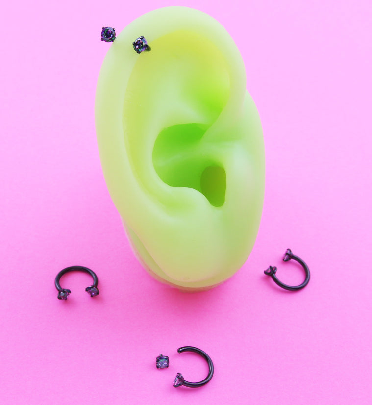 Black PVD Prong Black Aurora CZ Titanium Internally Threaded Circular Barbell