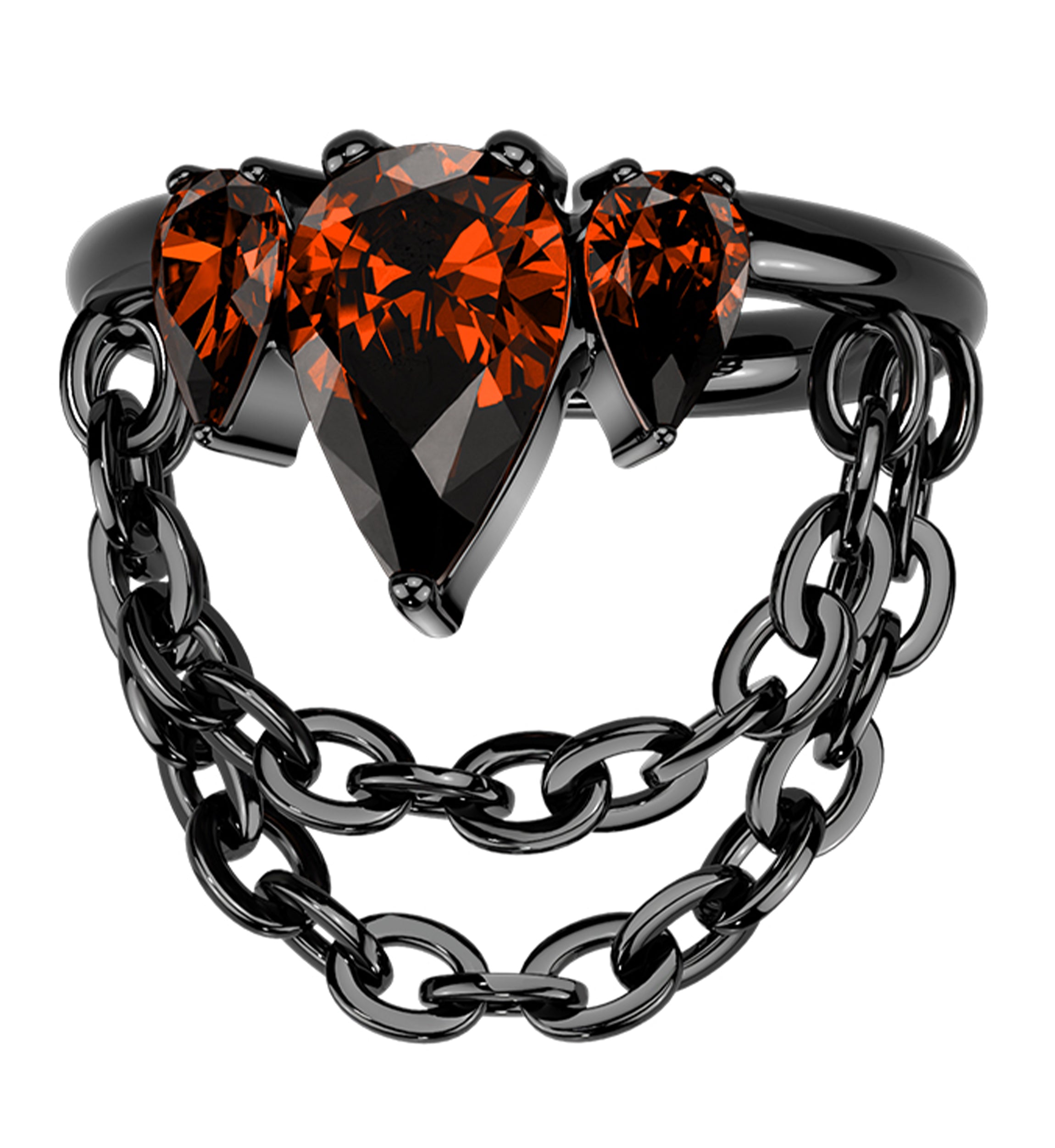 Black PVD Side-Facing Triple Red CZ Dangle Chain Titanium Hinged Segment Ring