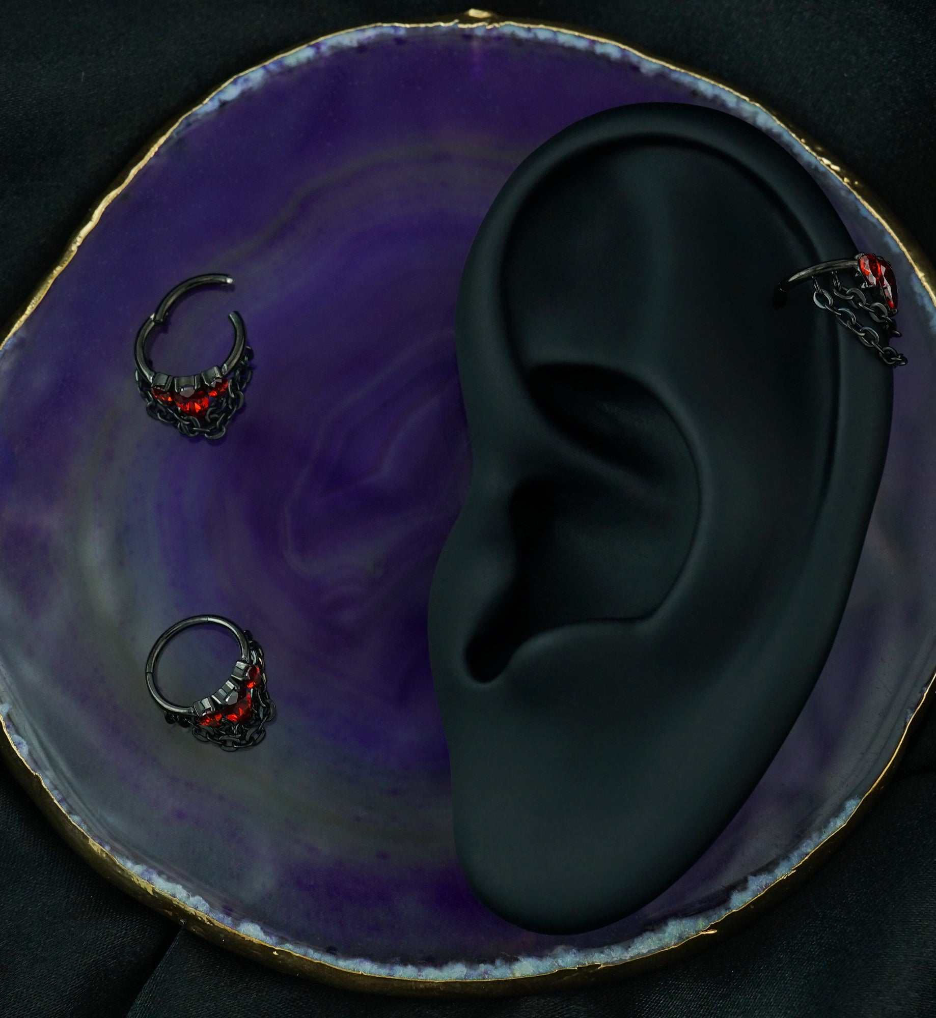 Black PVD Side-Facing Triple Red CZ Dangle Chain Titanium Hinged Segment Ring