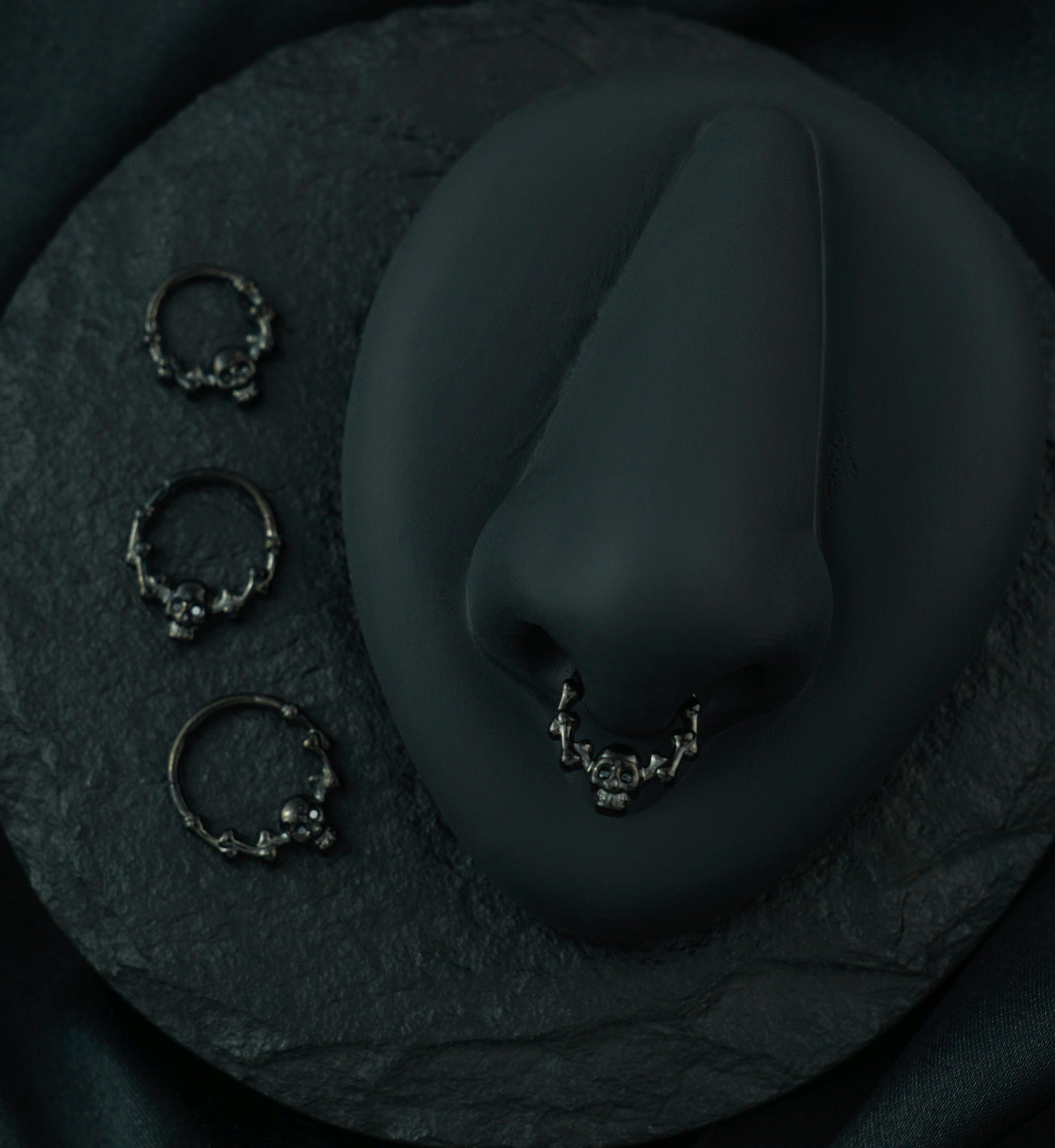 Black PVD Skull And Bones Black CZ Titanium Hinged Segment Ring