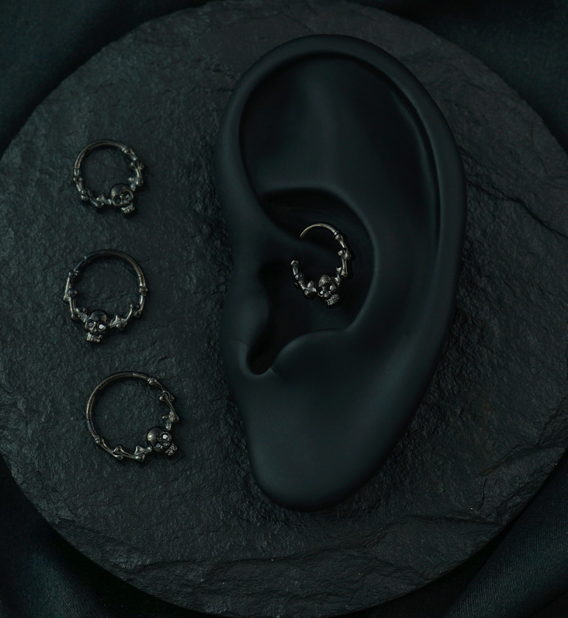 Black PVD Skull And Bones Black CZ Titanium Hinged Segment Ring