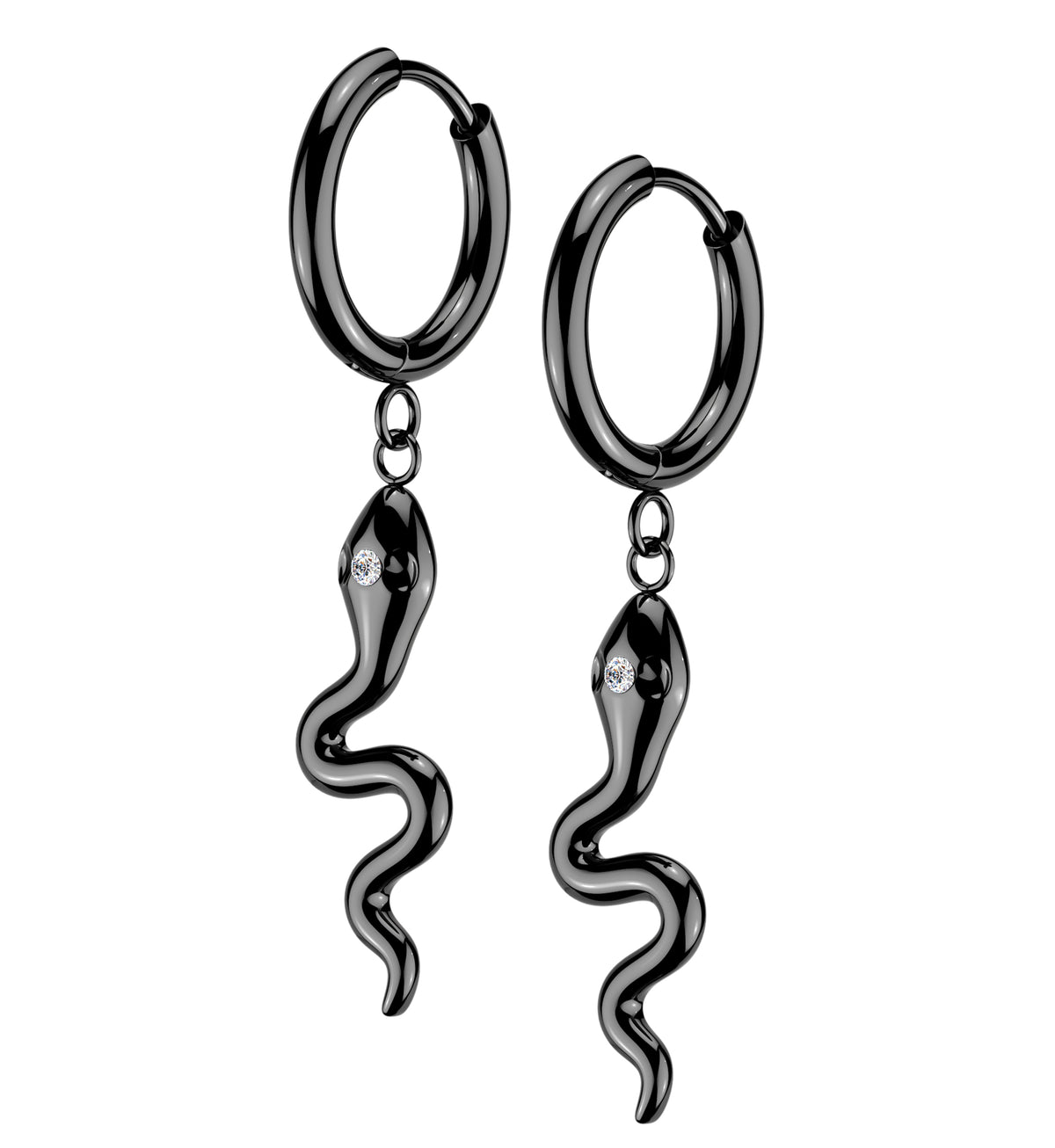 Black PVD Snake Third-Eye CZ Dangle Stainless Steel Hinged Hoop Earrings by Urban Body Jewelry