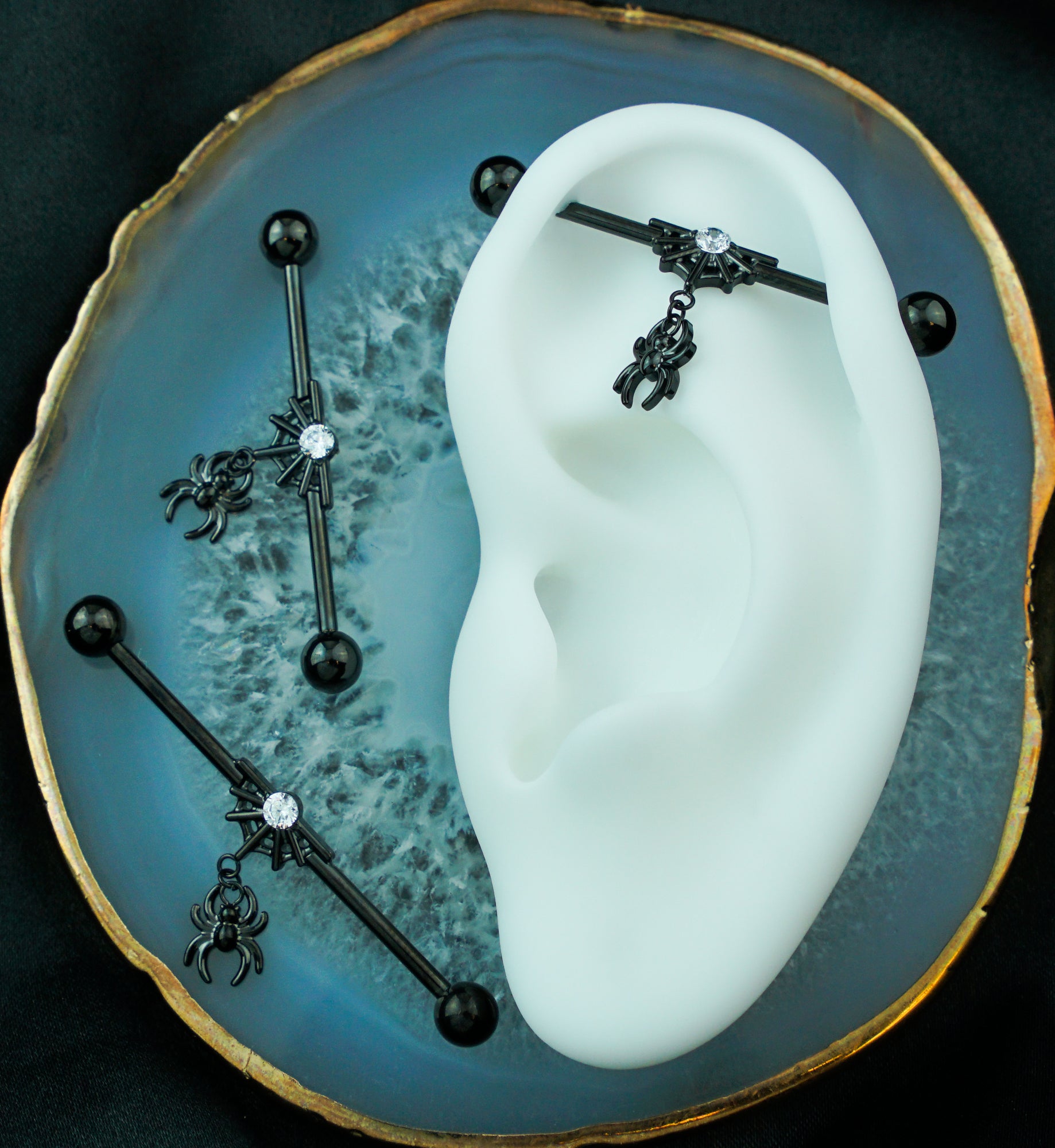 Black PVD Spiderweb Clear CZ Dangle Spider Internally Threaded Titanium Industrial Barbell