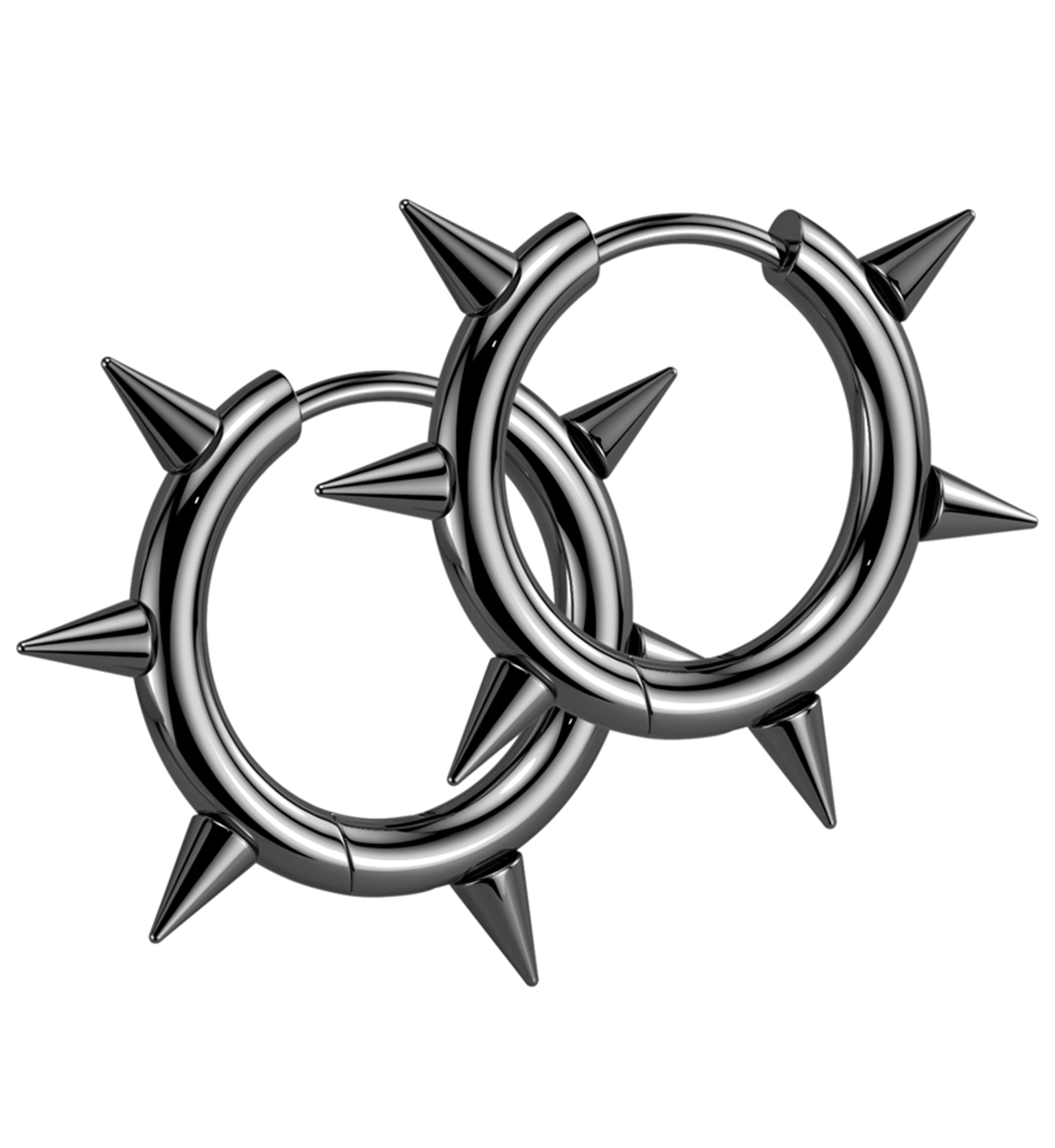 Black PVD Spikes Stainless Steel Hinged Hoop Huggie Earrings