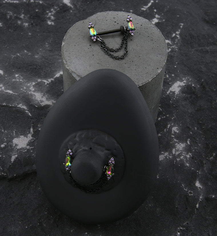 Black PVD Teardrop Black Aurora And Amethyst CZ Dangle Chain Stainless Steel Nipple Barbell