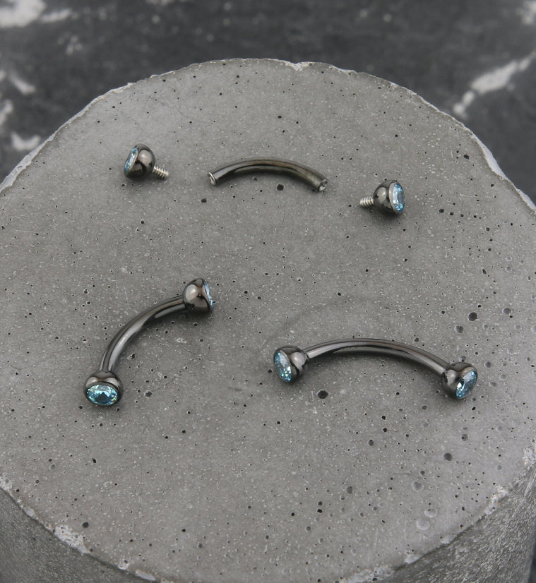 Black PVD Titanium Double Bezel Aqua CZ Internally Threaded Curved Barbell