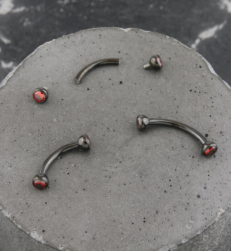 Black PVD Titanium Double Bezel Red CZ Internally Threaded Curved Barbell