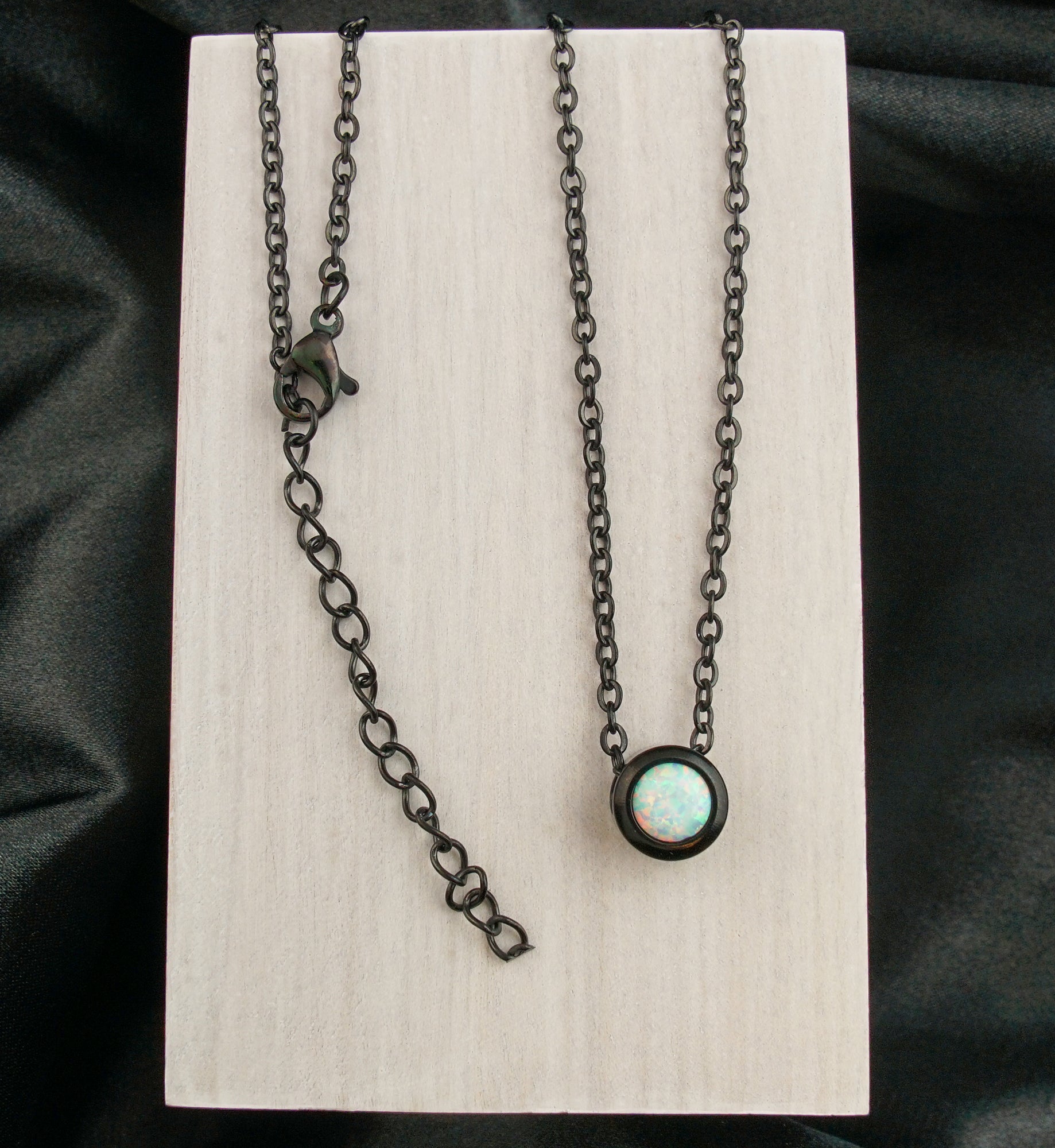 Black PVD White Opalite Pendant Stainless Steel Necklace