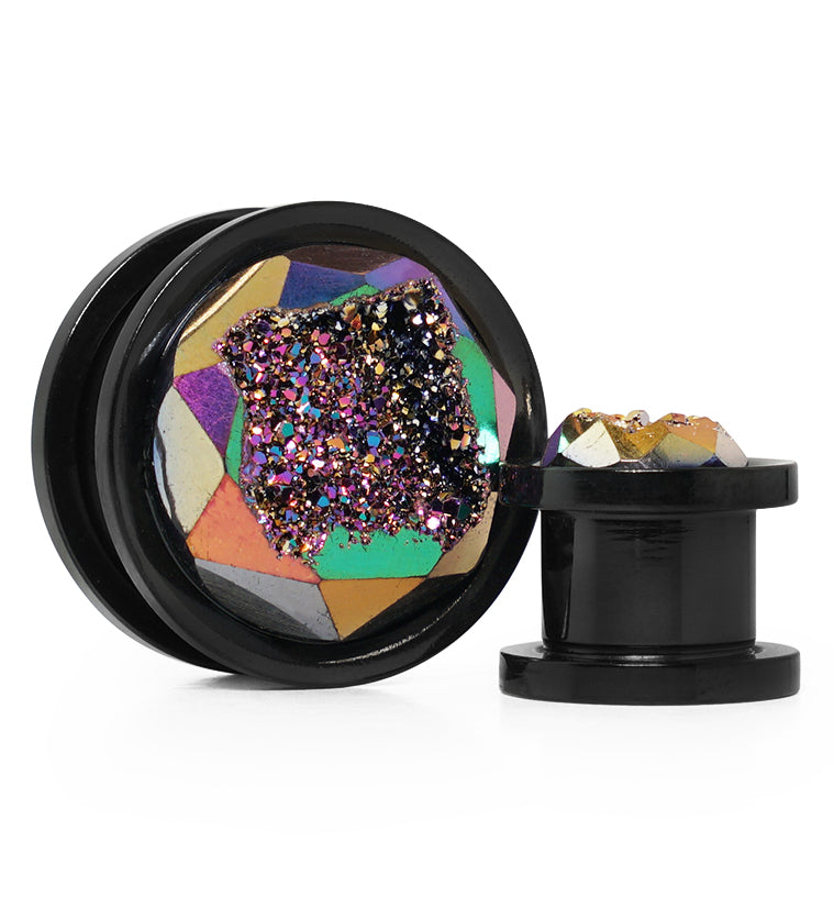 Black PVD Rainbow Druzy Stone Stainless Steel Screw Back Tunnels