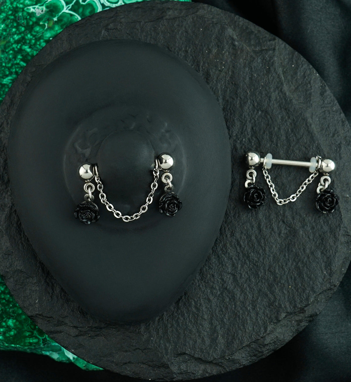 Black Rose Dangle Chain Stainless Steel Nipple Barbell