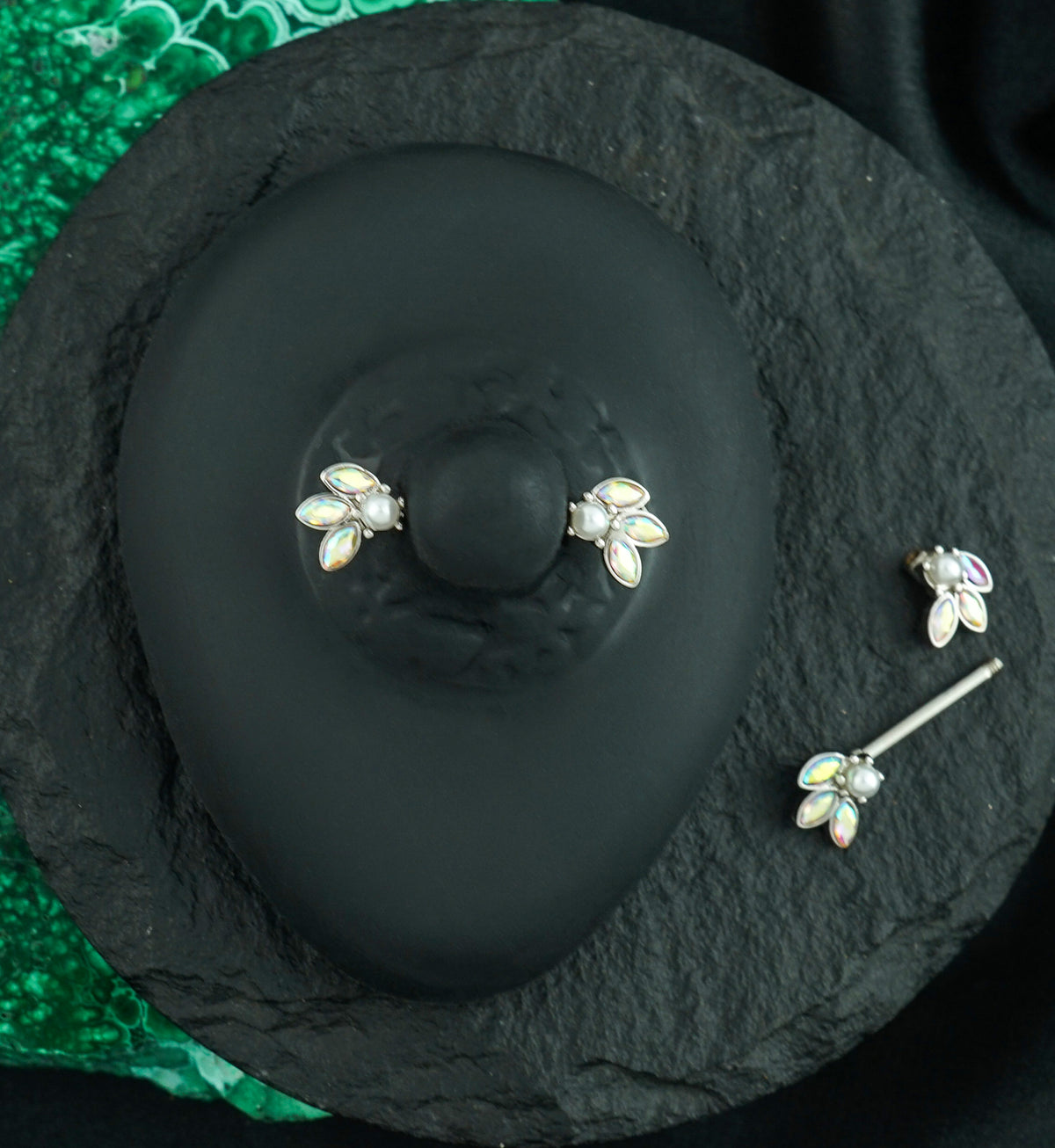 Blossom Pearl and Rainbow Aurora CZ Stainless Steel Nipple Barbell