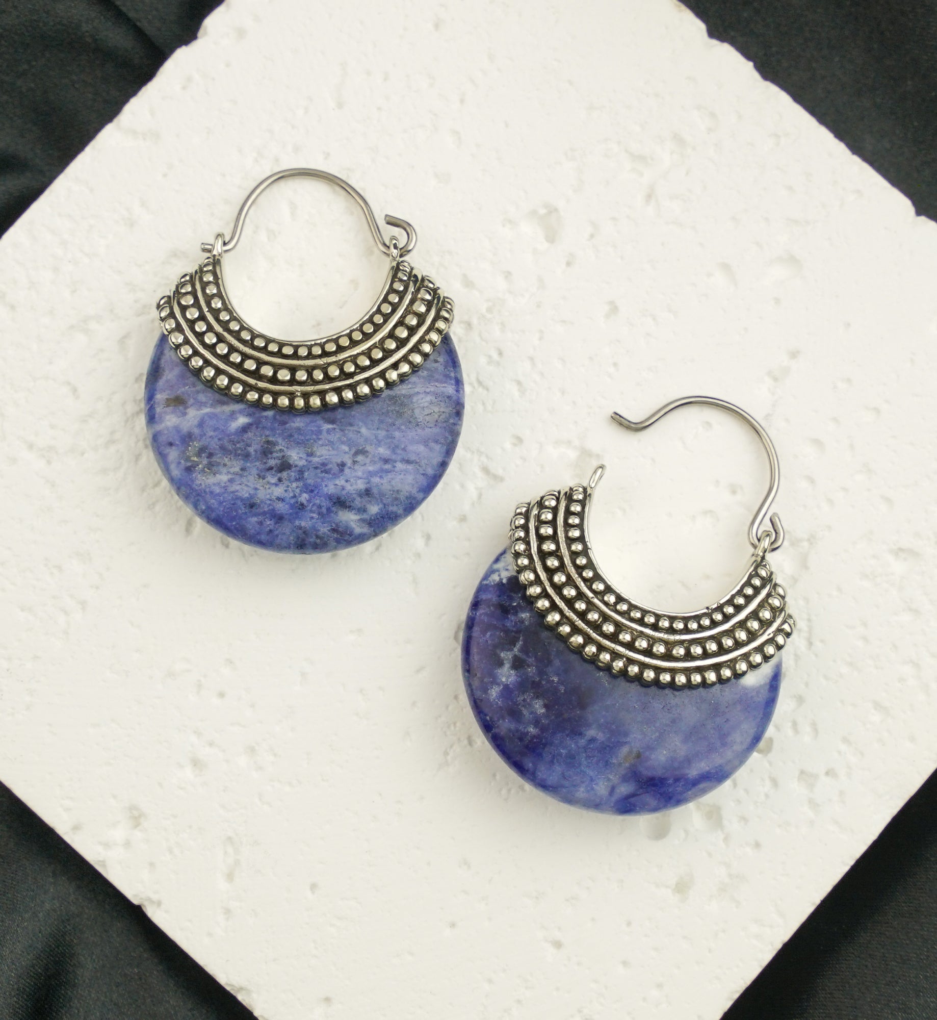 Blue Aventurine Beaded White Brass Stone Earrings