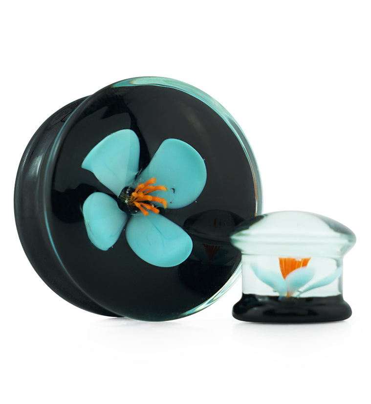Blue Poppy Flower Black Glass Double Flare Plugs