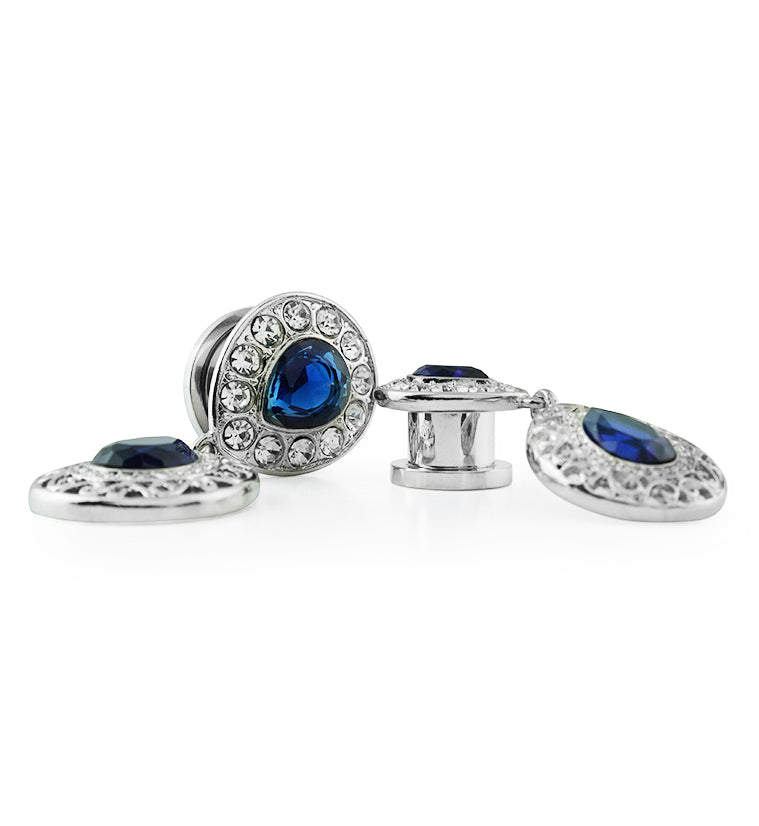 Blue Teardrop CZ Dangle Stainless Steel Tunnels