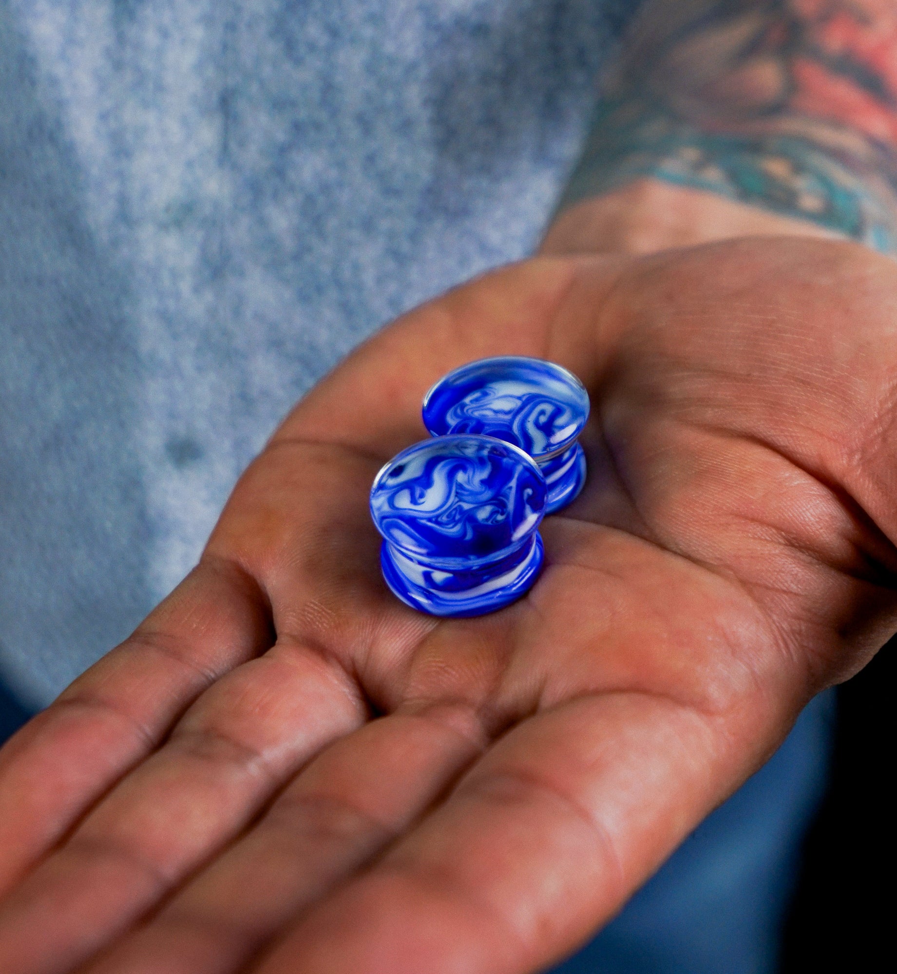 Blue/White Chroma Swirl Glass Double Flare Plugs