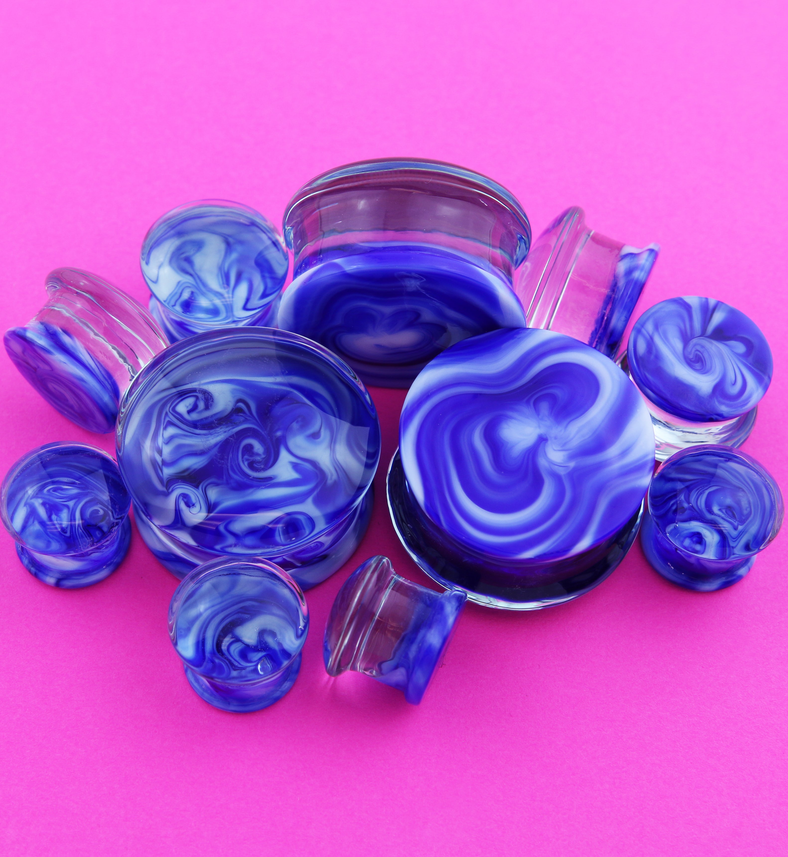 Blue/White Paint Swirl Glass Double Flare Plugs
